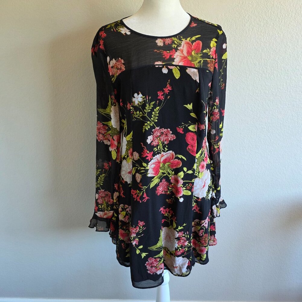 New Kimchi Blue Urban Outfitters Black Floral Mini Frock Dress Chiffon Size S